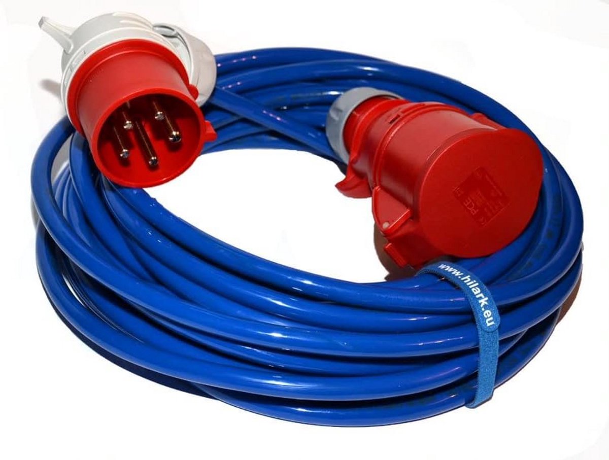 Professionele 5-aderige Verlengkabel 5x2.5mm² Hoekstekker IP44 25 meter Blauw voor Bouw en Industrie