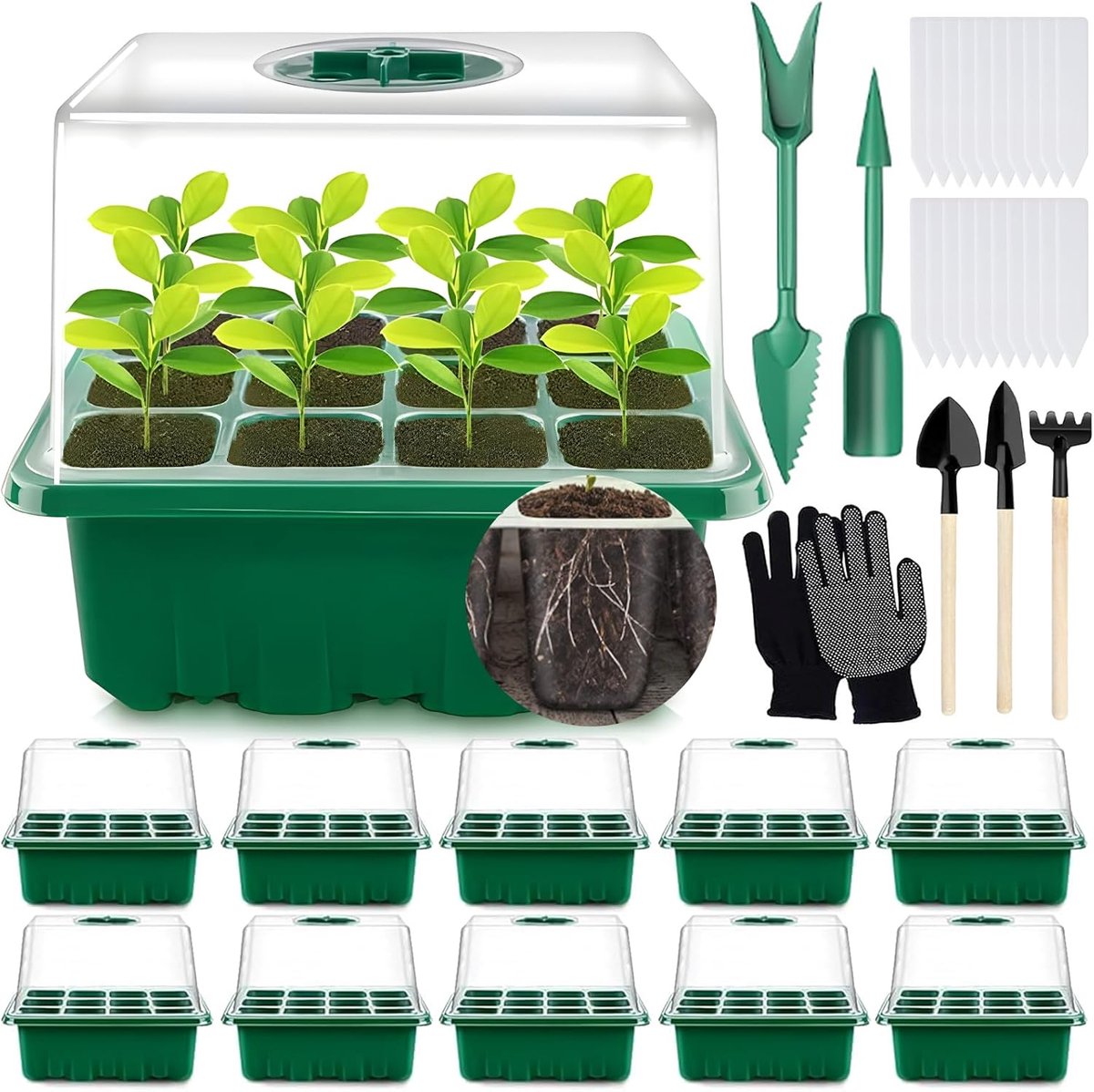 Famanu – Kweekdoos voor Binnenkas - 10 Stuks 120 Cellen Mini kas Kweekset met 2 Tuingereedschap - 3 Schoppen - 20 Labels - Broeikas Kweekbak met Hoger Deksel voor Zaailingplanten