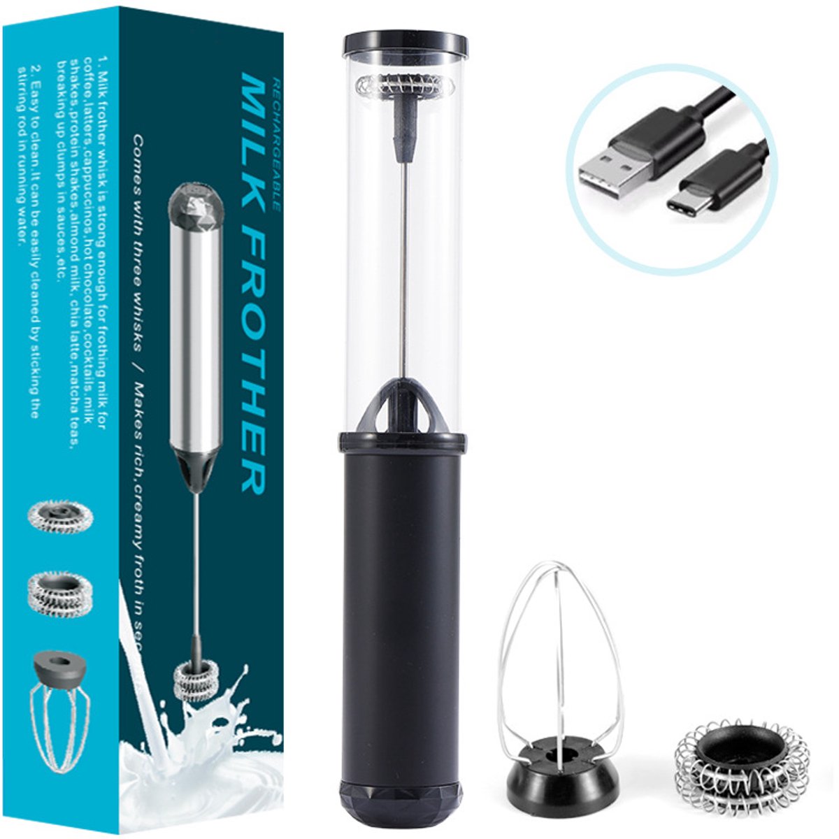 Elektrische melkopschuimer met dubbele kop - USB oplaadbare melkopschuimer - Geschikt voor het opschuimen van koffie, latte, cappuccino, room, macchiato en ei.
