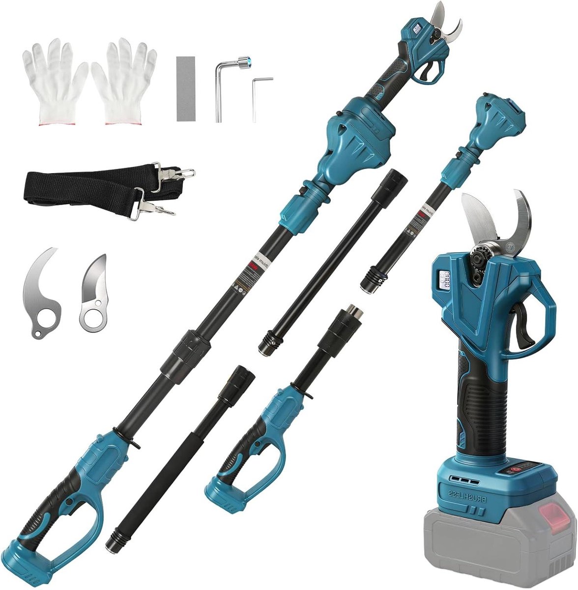18V elektrische snoeischaar met verlengstang, 35 mm snijdiameter, lcd-display - Telescopische takkenschaar - Uittrekbaar tot 4,5 m - Zonder accu