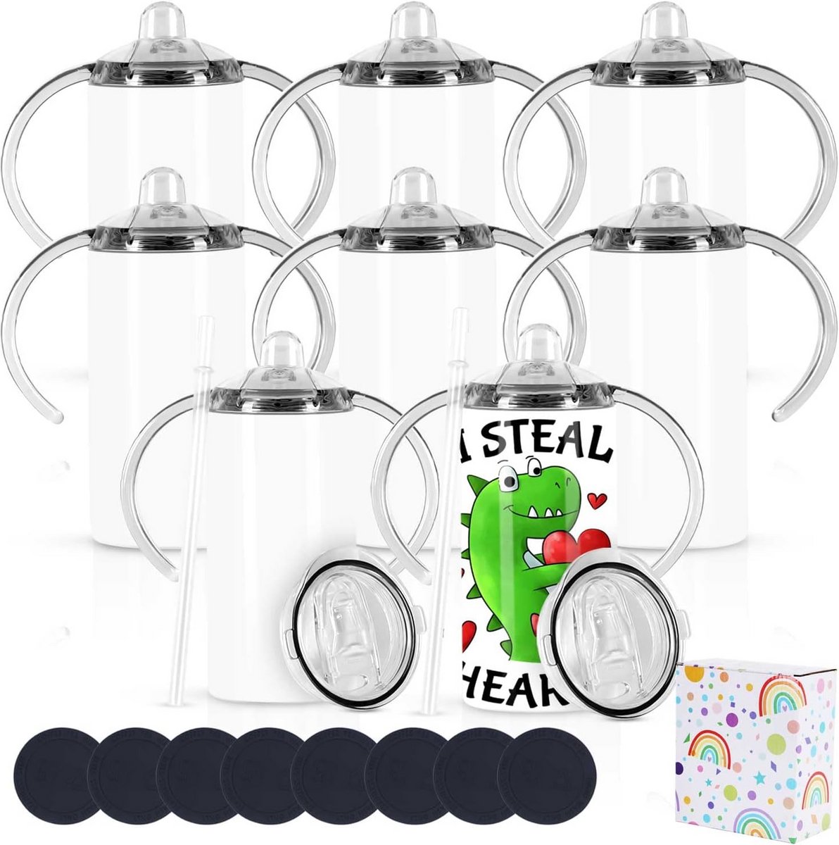 8x Roestvrijstalen Sublimatie Sippy Cups 12oz voor Kinderen - Incl. Handvatten & Rietjes