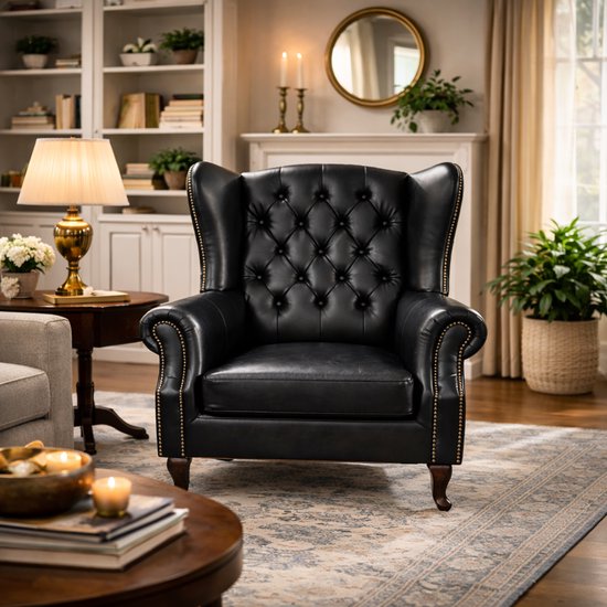Zwarte leren wingback fauteuil met capitons en goudkleurige klinknagels.
