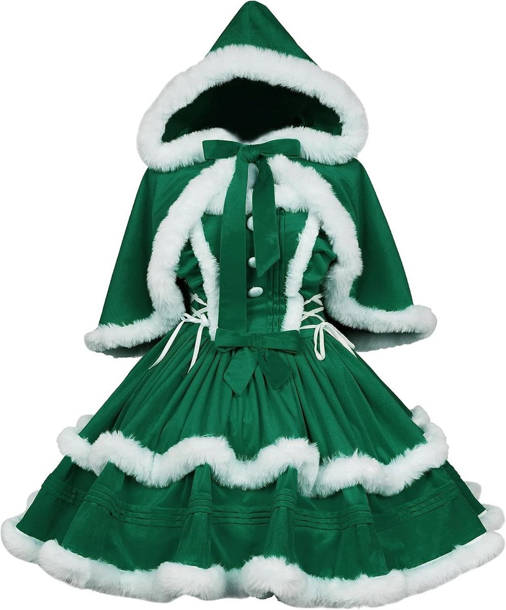 Kerstjurk Dames Feestjurk Plus Cape Fluwelen Lolita Stijl