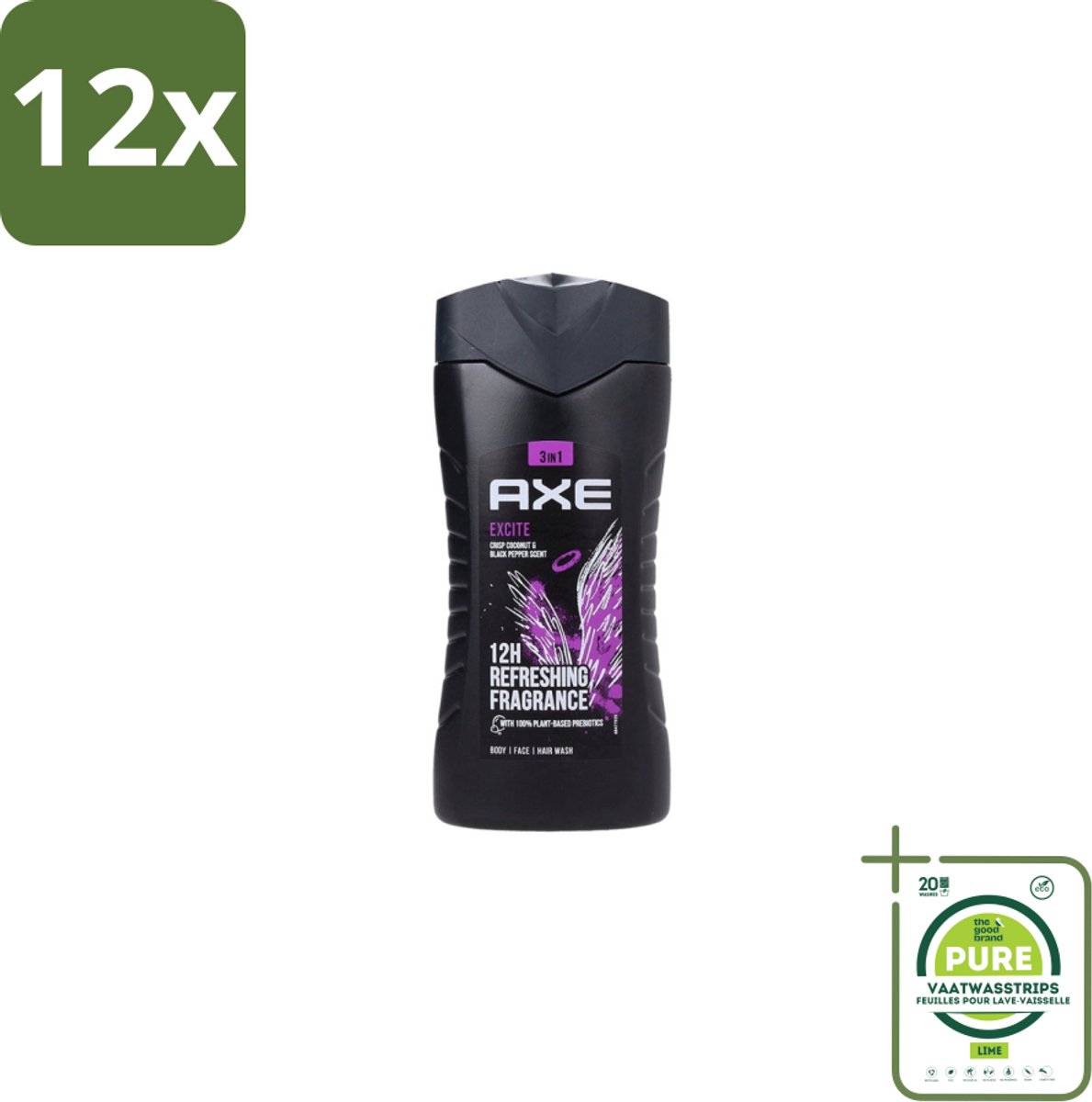 Axe – Douchegel – Excite - 250 ml - Voordeelverpakking - 12 stuks - Douchegel - Zwarte peper
