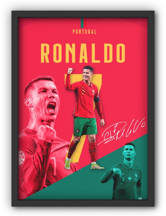 Poster Ronaldo A3 Ingelijst – Cristiano Ronaldo Portugal – 30 × 40 cm – Zwarte Lijst Inbegrepen – Voetbal Wanddecoratie