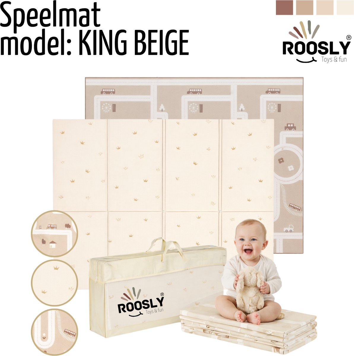 Roosly Speelmat Baby - Speelkleed Baby - Inclusief Opbergtas - babygym - kruipmat - playmat - Dubbelzijdig en opvouwbare Foam XPE 180 x 200 cm - speelgoed - Veilig & Zacht - model KING Beige — afbeelding 5
