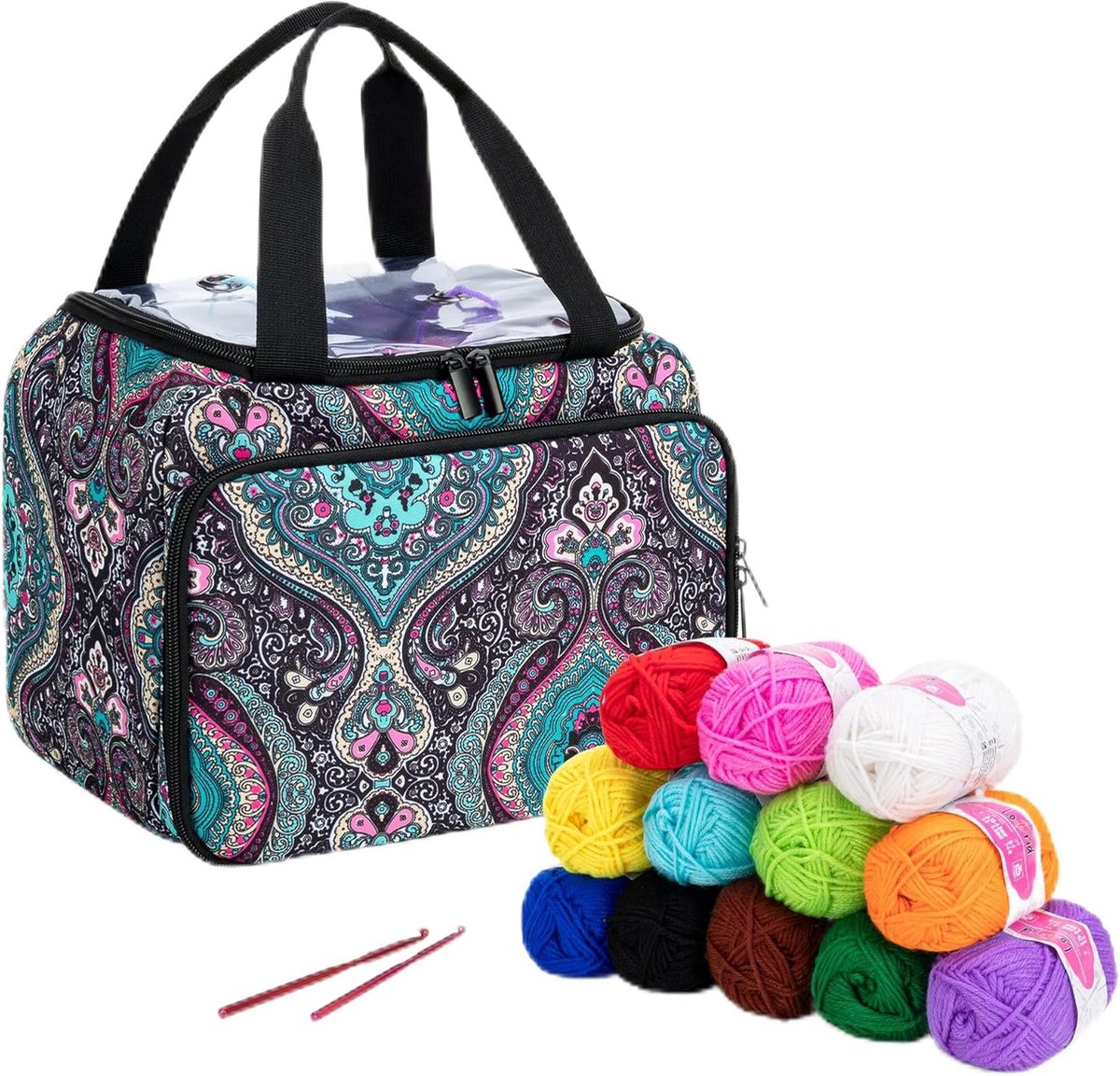 Ultiluxe® Opbergtas voor breien en haken - Groen - Schoudertas voor brei en haak accessoires - 28 x 23 x 20 cm - Breitas met print - Haaktas met handvaten - Verschillende vakken