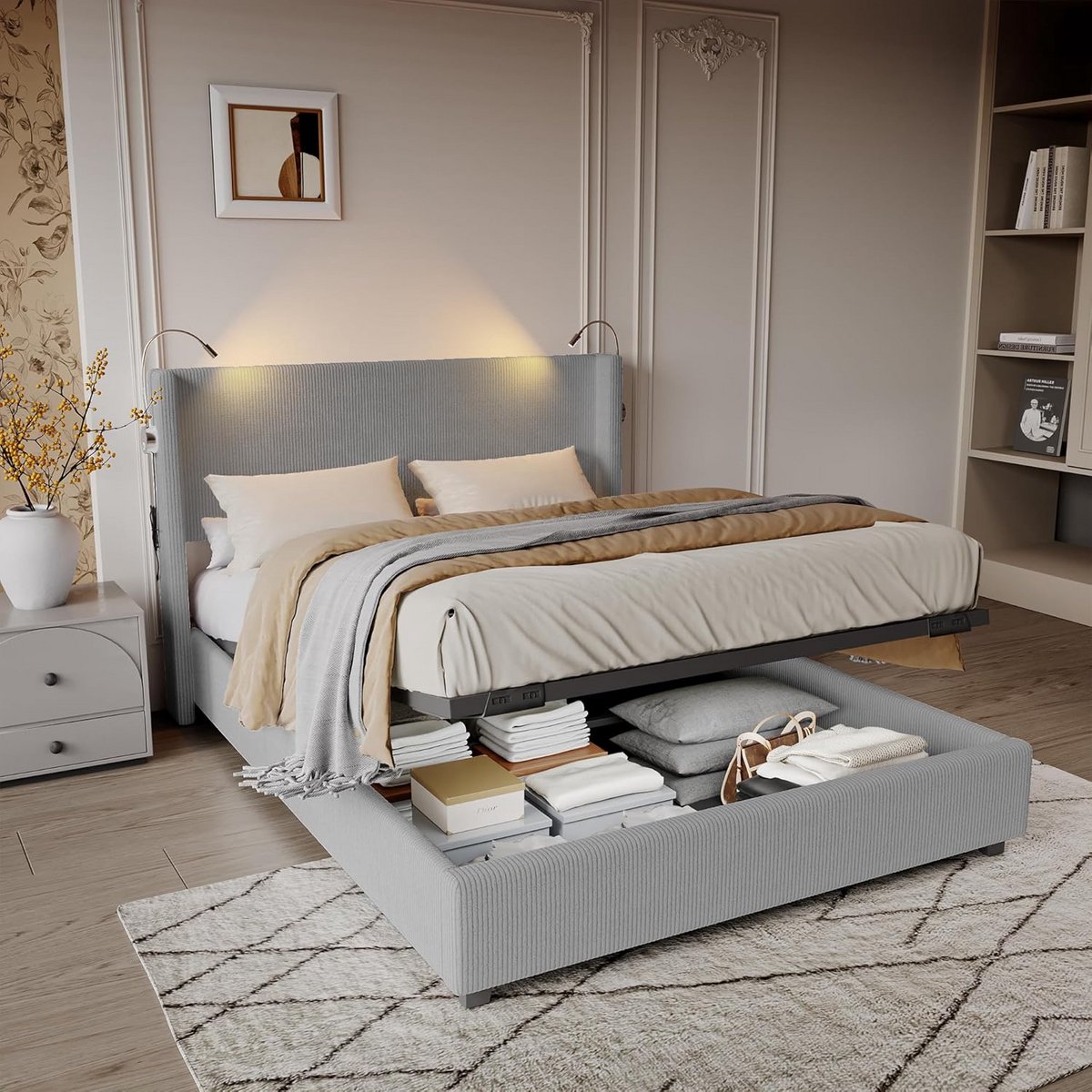 Gestoffeerd Tweepersoonsbed 140x200 met LED Verlichting en USB-C Opladen | Inclusief Opberglade