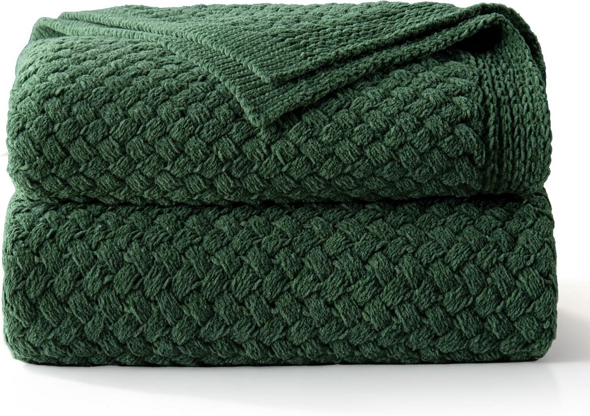 Extra Zachte Chenille Plaid Deken 130x150 cm - Warm Gebreid Woondeken Donkergroen