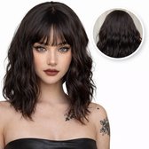 Bruine Korte Pruik - Pruiken Dames Kort - Bob - Golvend haar - Verstelbaar - Wasbaar - Donker Bruin - 35 cm