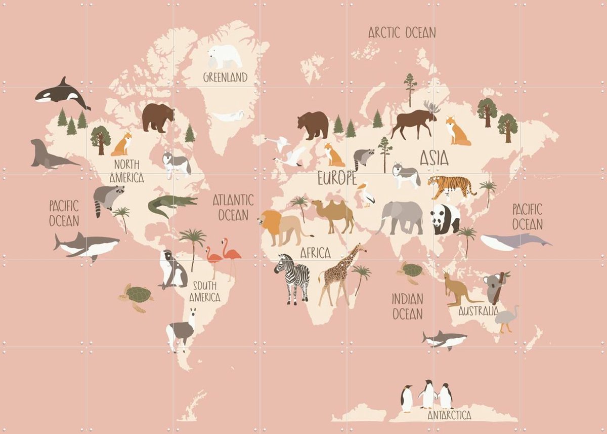 IXXI Nursery World Map (Pink), Treechild & Various - 140 x 100 cm - Gratis ophangtool - Grote wanddecoratie en posters - Fantasierijk, Grafisch