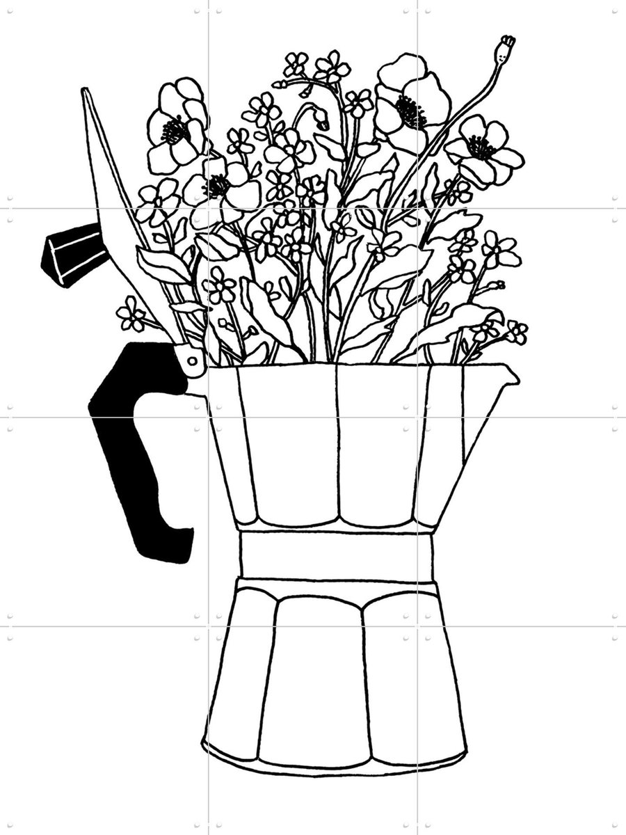IXXI Moka Flowers Black & White, Florent Bodart - 60 x 80 cm - Gratis ophangtool - Grote wanddecoratie en posters - Line art, Illustraties