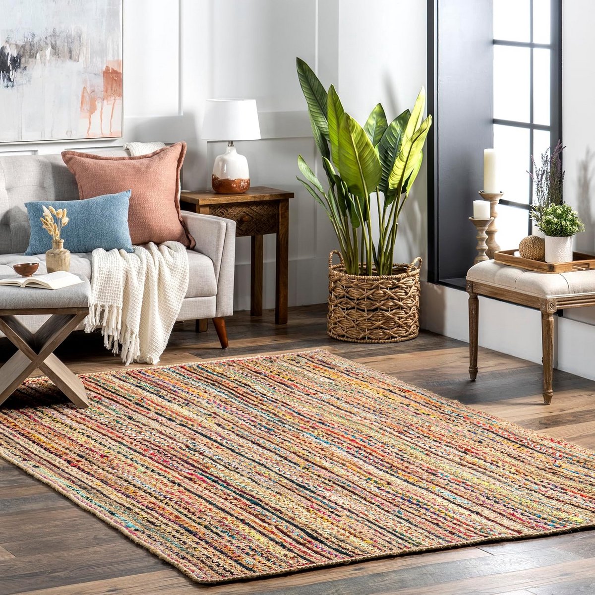 Ronde Vloerkleed 180x270 cm - Handgeweven Jute & Katoen Vloerkleed - Natuurlijke Vloerbede