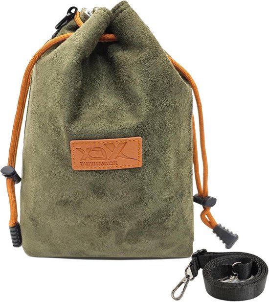 Schoudertas met camerabescherming en trekkoord, Groen, compatibel met DSLR camera, compact formaat 25 x 16 x 11 cm