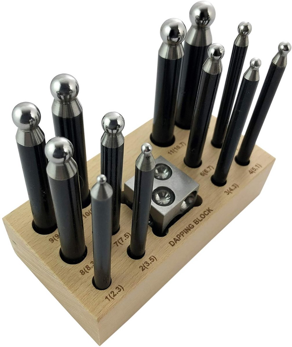Juweliers Gereedschap Set: 13 Dapping Punches en Doming Blok 25mm met Houten Opslag