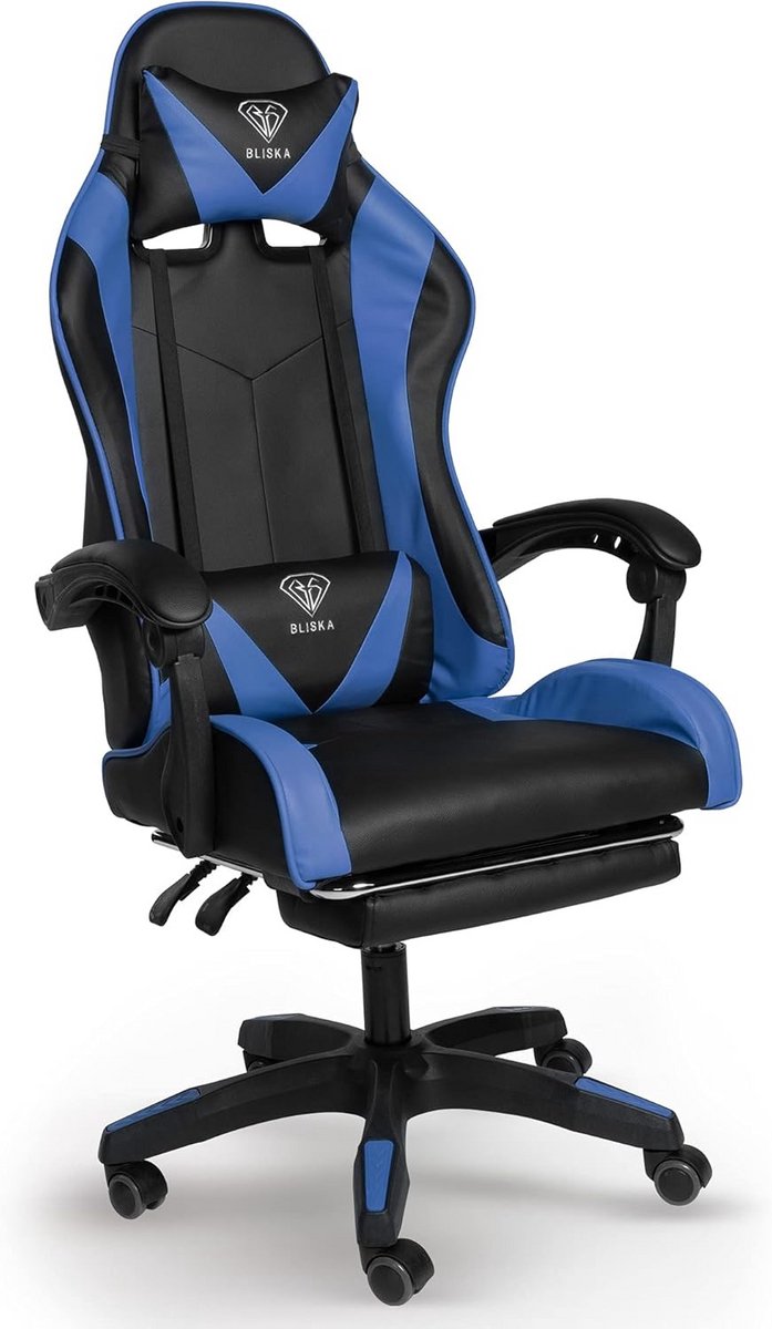 Ergonomische Gamingstoel met Voetensteun, Traploos Verstelbaar Kantoor Bureaustoel Zwart/Blauw