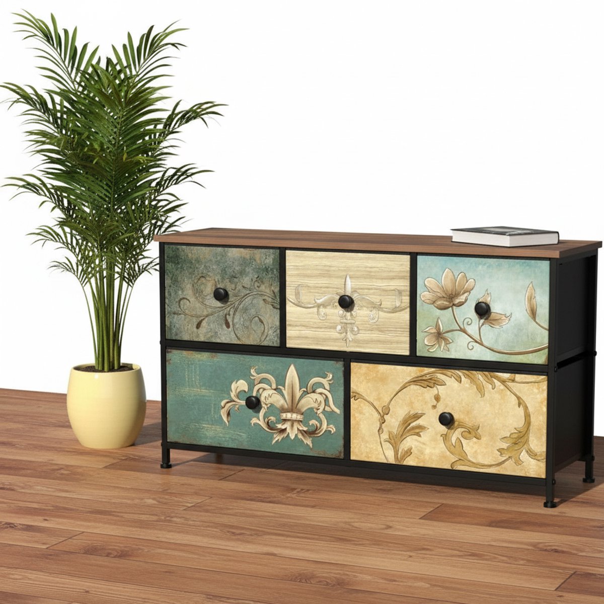 TRANKIELO® - Commodekast met 5 laden – Industriële tv-kast met metalen frame – Houten oppervlak voor woonkamer en kinderkamer