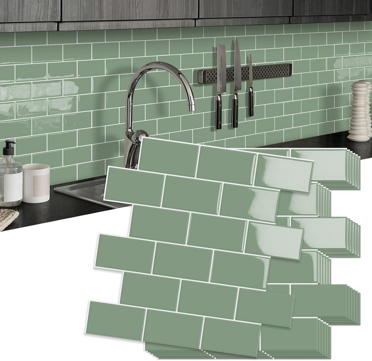 Zelfklevende 3D Keuken- en Badkamer Tegels (Groen) - Dikke, Waterdichte Plak Tegels - 10 Stuks