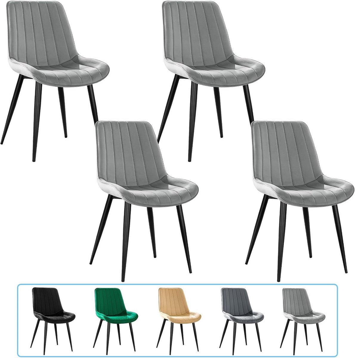 Set van 4 Eetkamerstoelen Gestoffeerd met Zwarte Metalen Poten Grijs