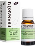 Bruine fles met witte dop, met groene en witte verpakking, met Pranamom logo. De verpakking toont "Citronnelle de Java".