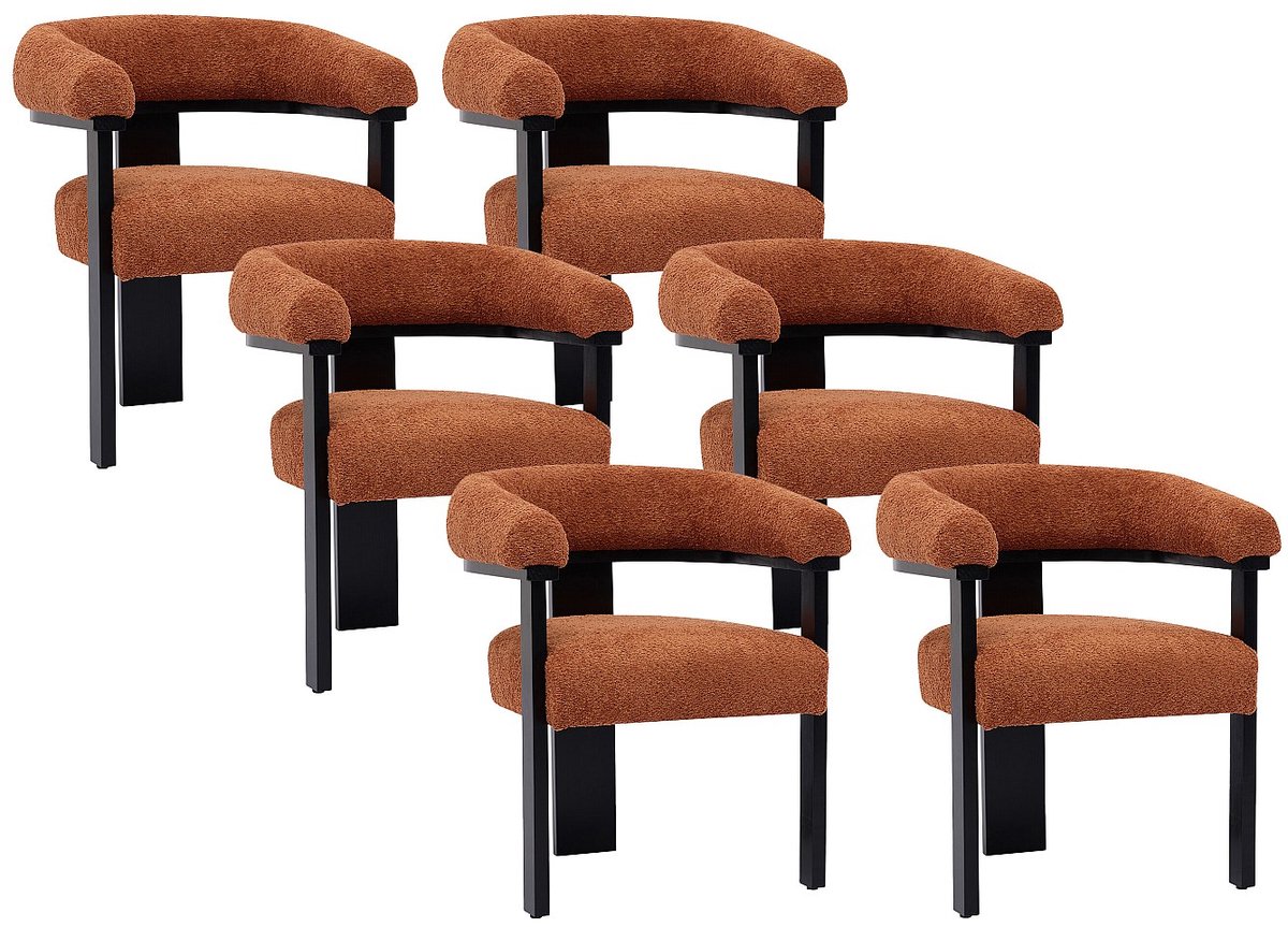 Vente-unique Set van 6 stoelen met armleuningen van boucléstof en heveahout - Terracotta en zwart - LIVELIA