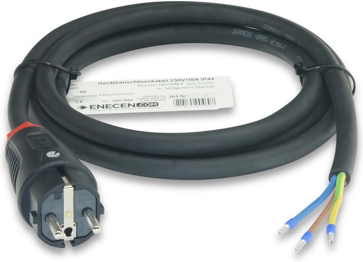 Stekkerkabel 230V/16A IP44 Rubber H07RN-F 3x2,5 mm² Mannetje-Mannetje 2 meter Zwart