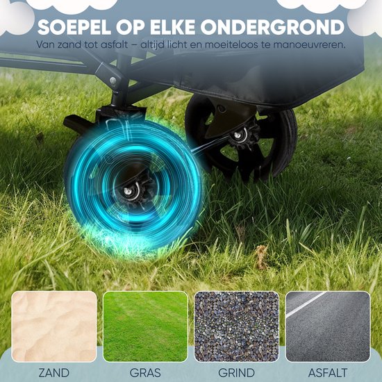 Wölkli opvouwbare Bolderkar met Dak - Kinder Bolderwagen 2 Zitplaatsen - 3-Punts Gordel - Rubber Banden - Rem - Strand & Camping - Zwart bolderwagen kind van Wölkli — afbeelding 4