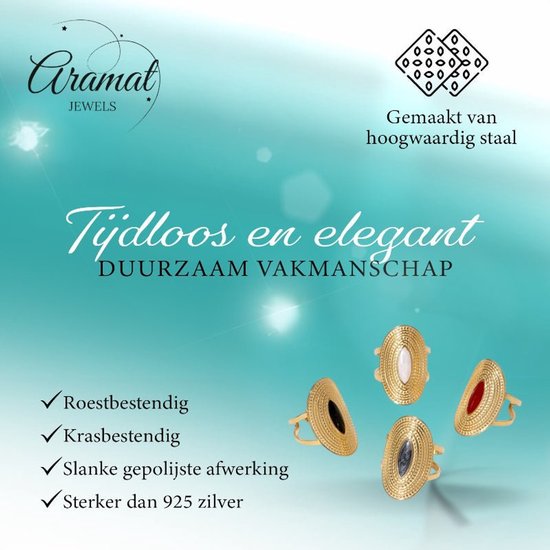 Vier gouden ringen met een ovaal emaille inzetstuk in rood, wit, zwart en blauw. Gemaakt van hoogwaardig staal.
