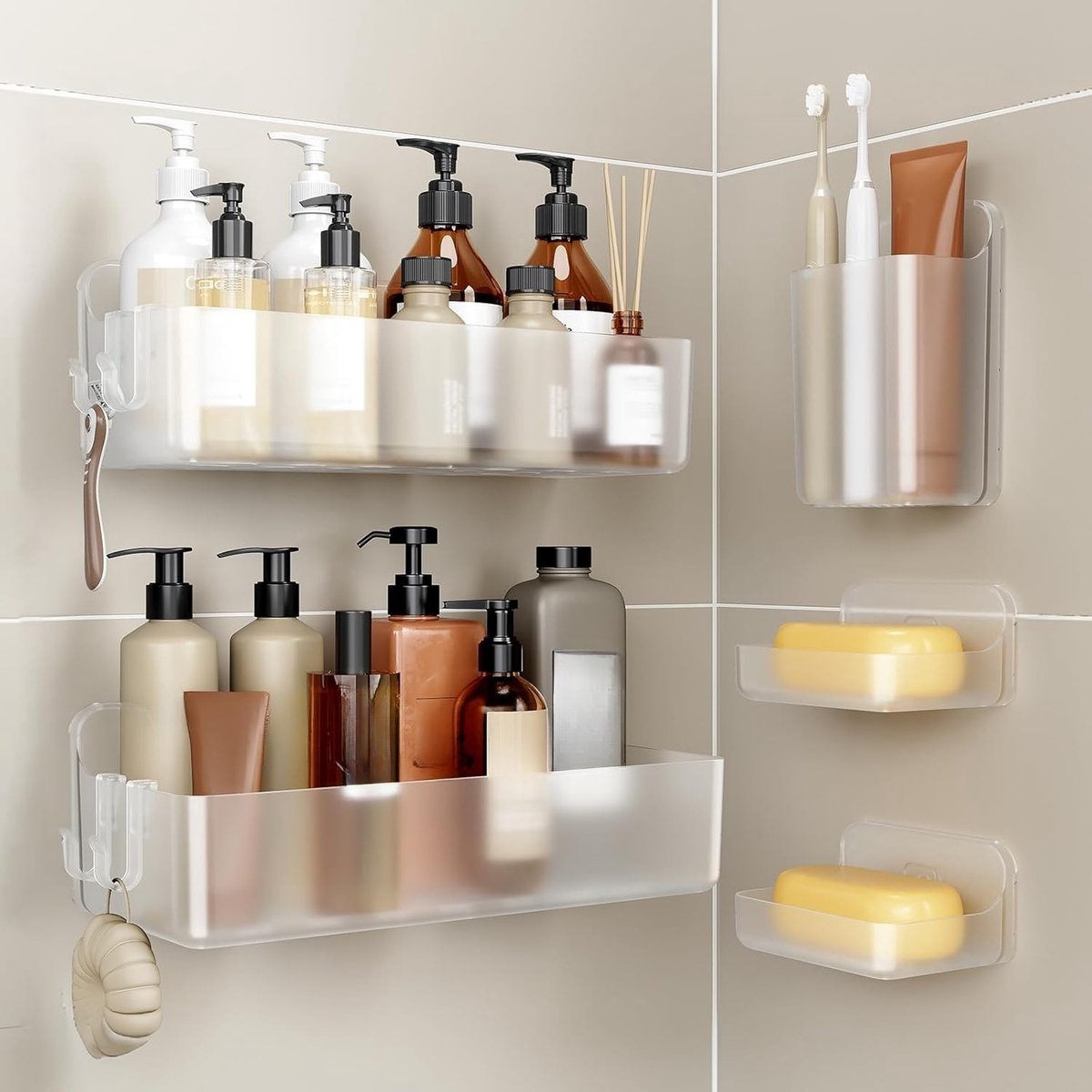 Famanu – Doucheplank set van 5, boorvrij douche organizer van ABS, shampoohouder met grote capaciteit, helder/transparant