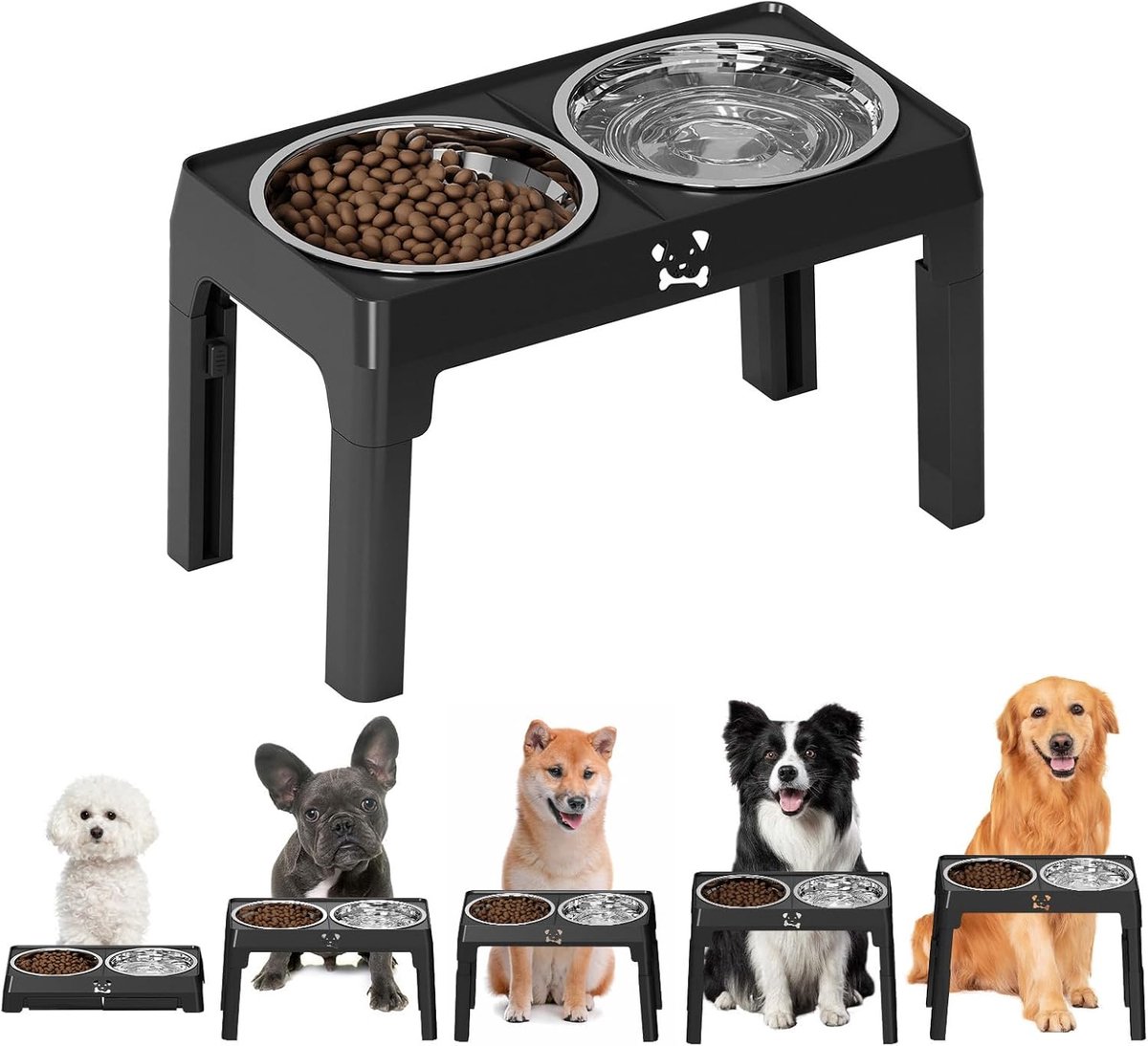 Honden Voederstation - Honden Waterbak - Ergonomisch Voeren - 5 Hoogtes Verstelbaar - 44.5 x 25 x 9 cm - Zwart