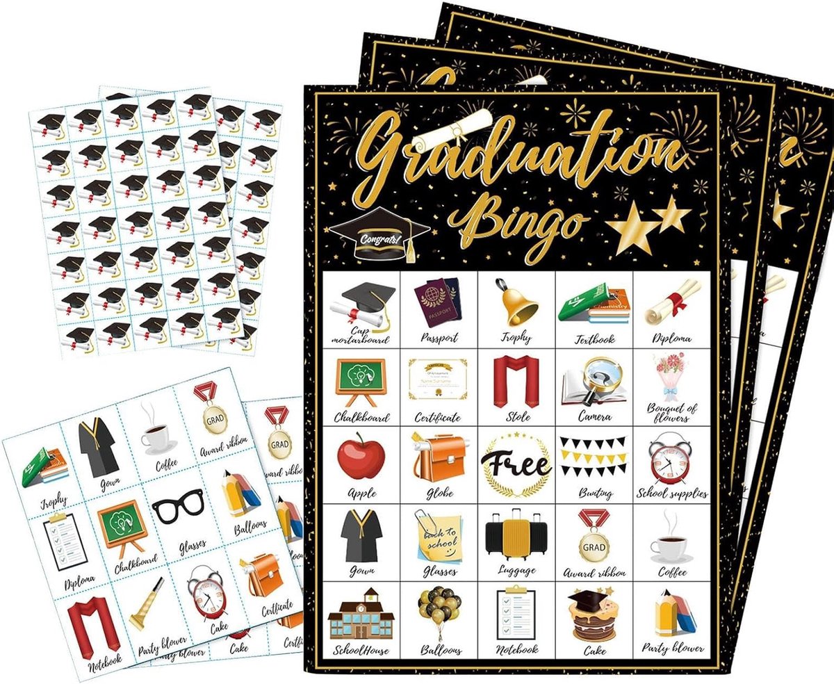 Afstudeer Bingo Kaarten - Feest Spelletjes - Diploma Viering - Voor 24 Spelers - 17.7 x 12.7 cm
