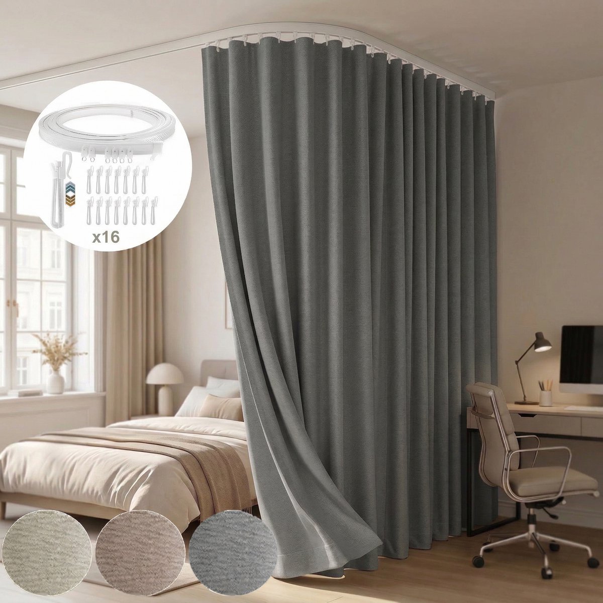 MUPOO -Verduisterend Gordijn incl. Buigbare Rail - Kamerscherm - Privacy & Semi-Verduisterend - Premium Polyester - Privacy Ruimteverdeler - Slaapkamer & badkamer - 254x244cm - grijs -1 Stuk