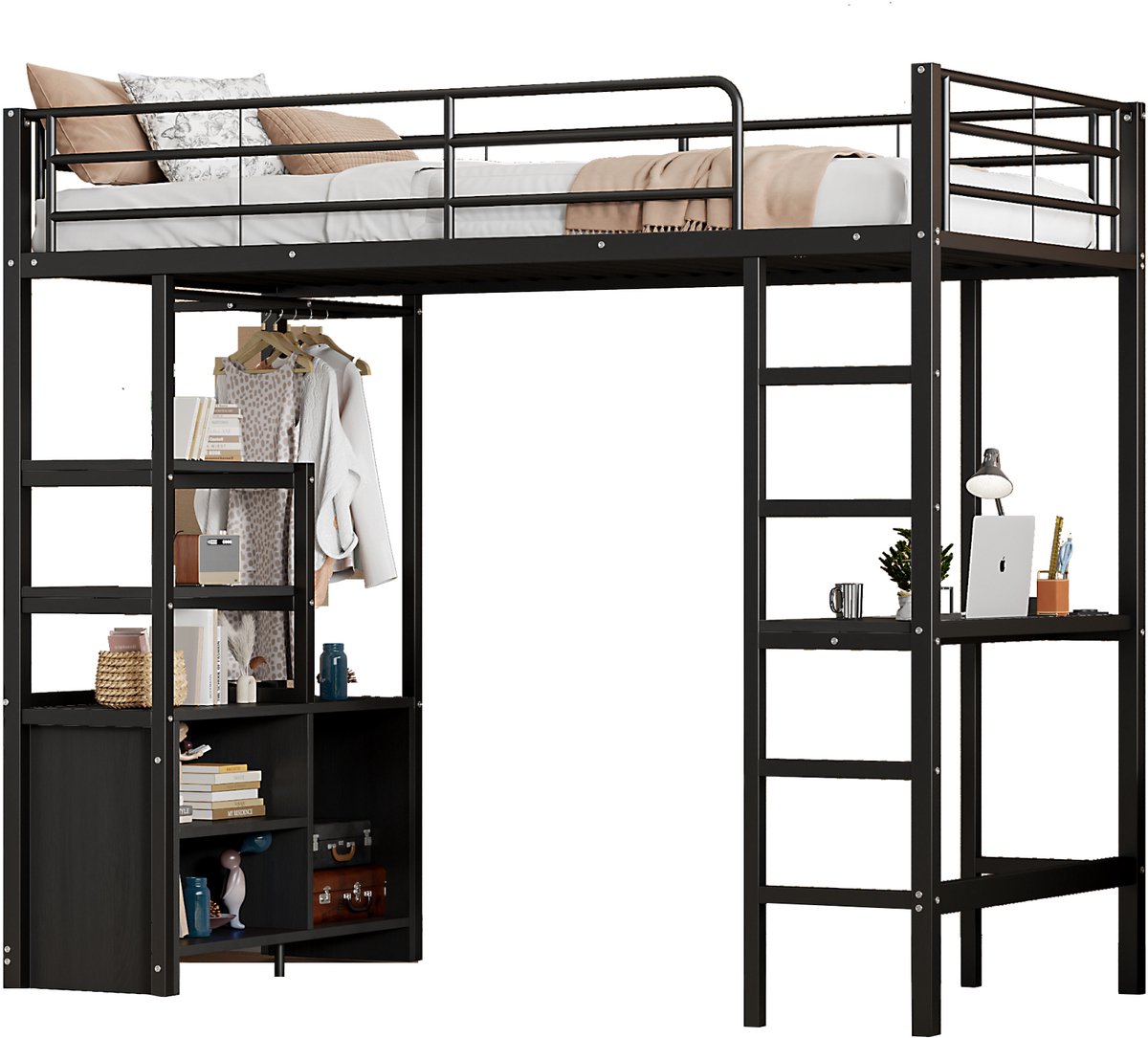 REDOM Hoogslaper – Met bureau & opbergrekken – Modern – Metaal & MDF – Zwart – 90 x 200 cm