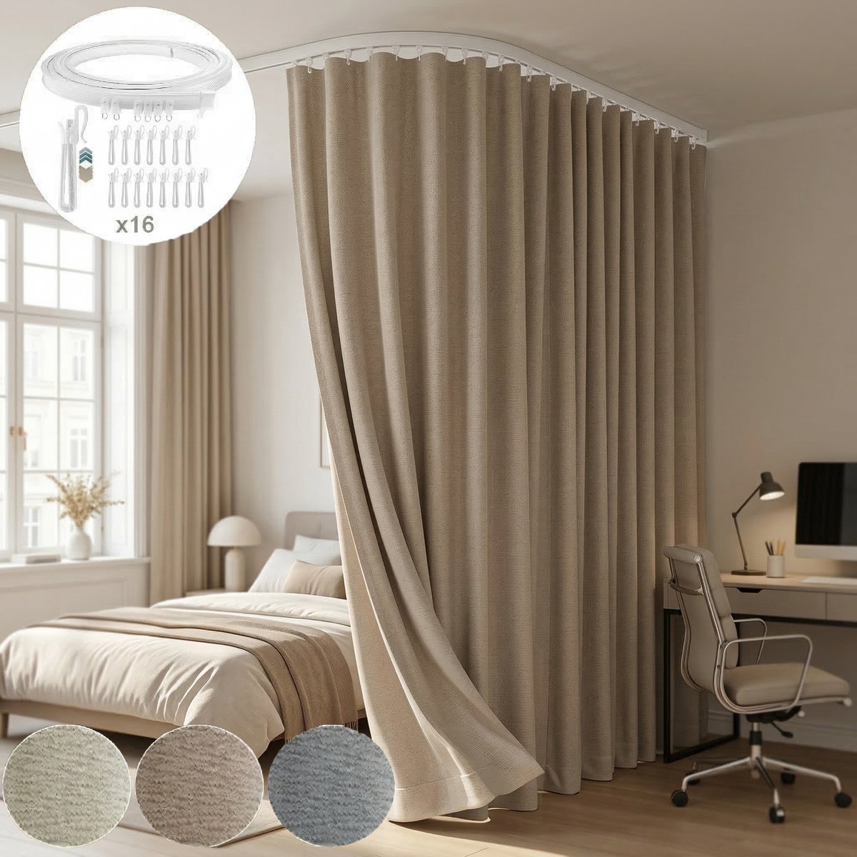 MUPOO Verduisterend Gordijn incl. Buigbare Rail - Kamerscherm - Privacy & Semi-Verduisterend - Premium Polyester - Privacy Ruimteverdeler - Slaapkamer & Studio - 254x213cm - Khaki - 1 Stuk Kaki