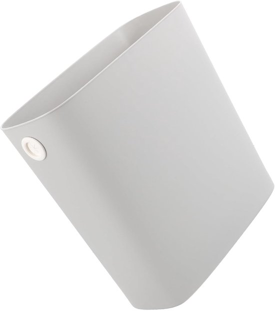 Schuine aanzicht van een lichtgrijze, rechthoekige prullenbak met witte knop.