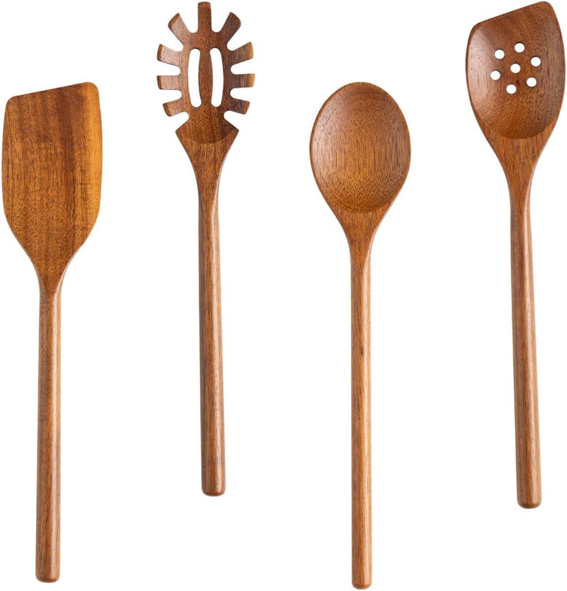 Houten kooklepels - Keukenhulp spatels - Mengen en koken - Duurzaam acaciahout - 4 stuks - Bruin