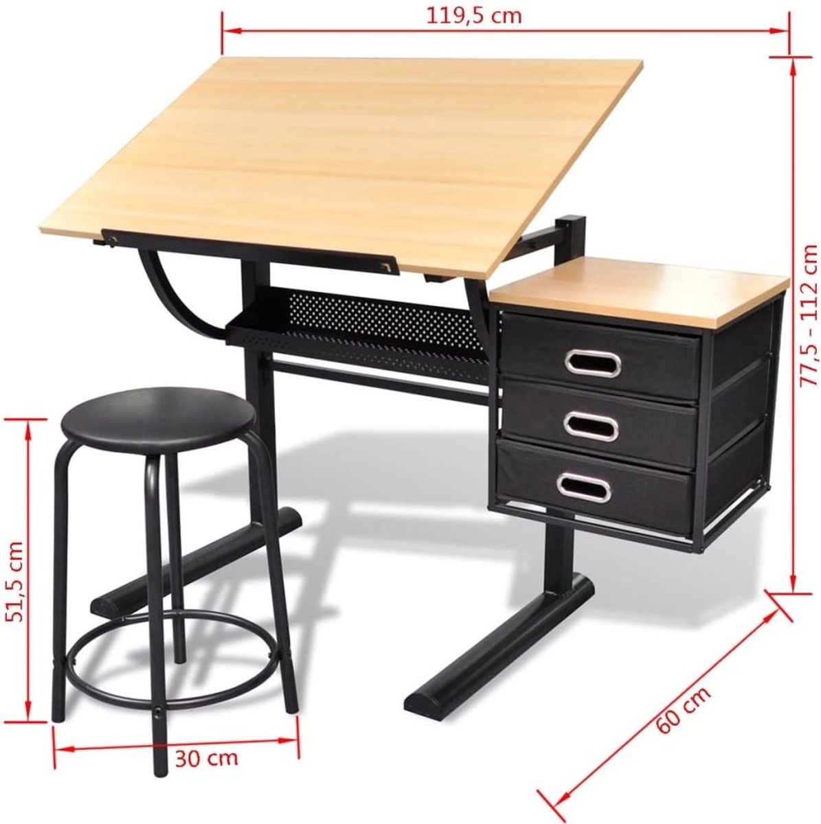 Tekentafel - Werktafel bureau - Tekenen ontwerpen - Kantelbaar tafelblad - 3 laden