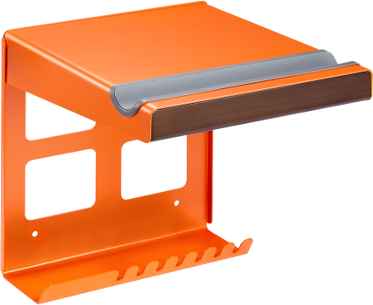 Dutch-Orange Metalen Fiets Muurbeugel – Stevige Stalen Fietsophanger met Beukenhouten Steun, Opbergplank, Haken en Wielriem – Voor Racefiets en Carbonfiets tot 15 kg – Oranje
