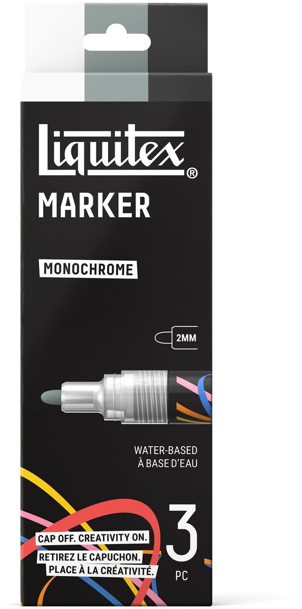 Liquitex Acrylic 3699481 Acrylic Marker Set Monochrome 2 mm Penpunt – 3 stuks ( Wit, Grijs, Zwart ) – Hoogdekkende verfmarkers – Multi-surface
