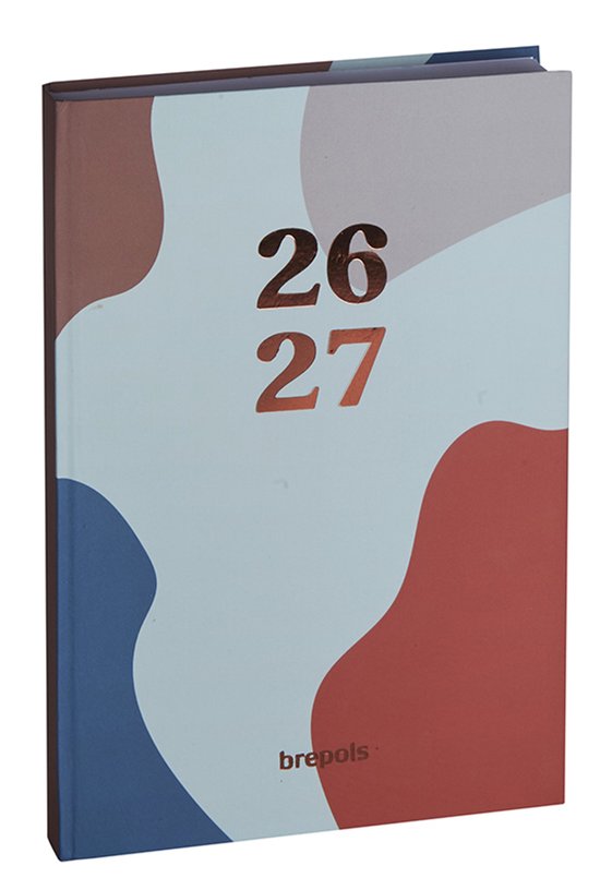 Agenda met abstracte vormen in koraalrood, blauw en wit. De jaartallen 26 en 27 staan in koperkleurige letters op de voorkant.