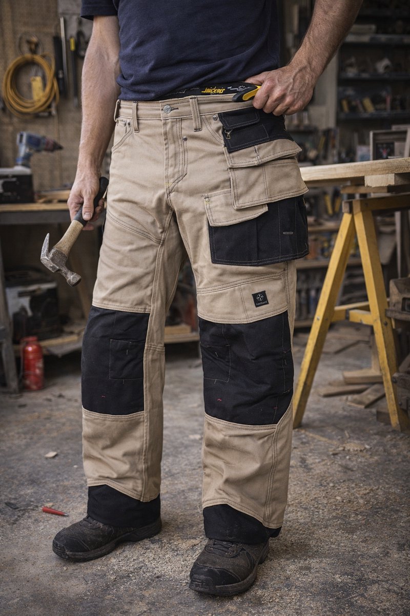 Werkbroek Snickers Workwear – Maat 46 – Canvas+ – Beige/Zwart – Stretch Werkbroek met Kniezakken en Holsterzakken