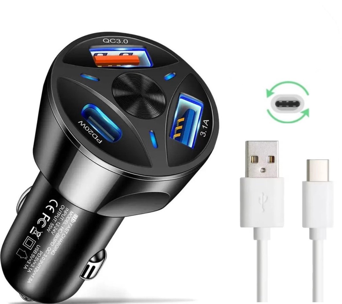 Auto Oplader PD 20W met USB-C Kabel - Auto Adapter & Oplaadkabel Geschikt voor USB C apparaten - Snellader - Autolader met 3 Poorten - Universeel - Type-C oplaadkabel -