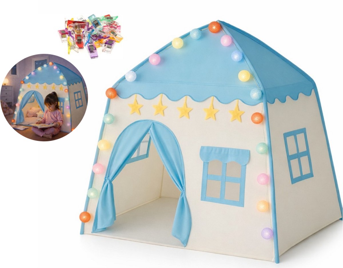 Goodz4All Blauwe Speeltent Speelhuisje Kindertent Tent Verlichting Ledlampjes Clips
