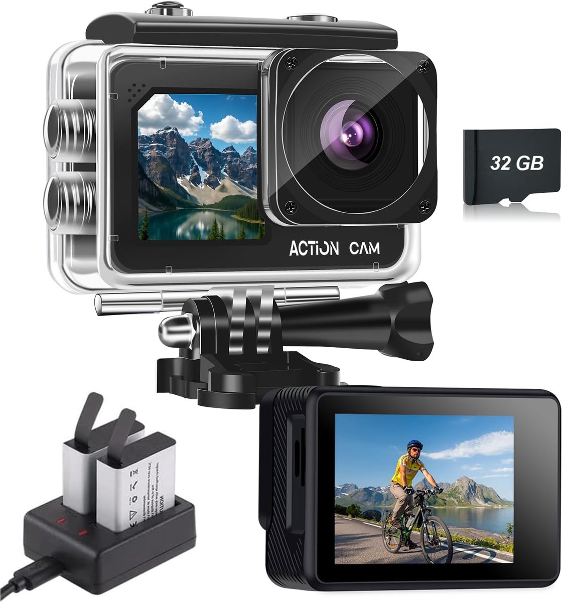 Actiecamera set - Onderwater camera - Avontuur vastleggen - Dubbele camera's - 21x10x7 cm