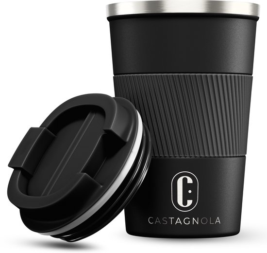 Castagnola Thermosbeker - Koffiebeker To Go - Travel Mug voor Koffie en Thee - Theebeker - 380 ML - RVS - Zwart