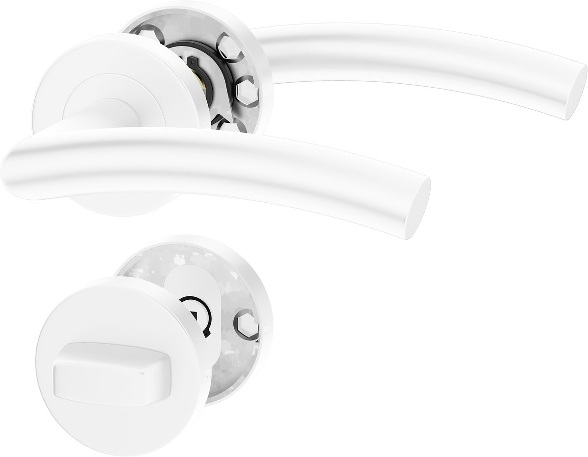 Witte Deurbeslag OTTO, Deurbeslag set Binnendeur, Deurklink Set, Deurklink met ronde rozet, met WC-rozet/badkamer, Mat Wit, Deurkruk, Wit gepoedercoat roestvrij staal, Incl. Bevestigingsmateriaal - Terugslagveer