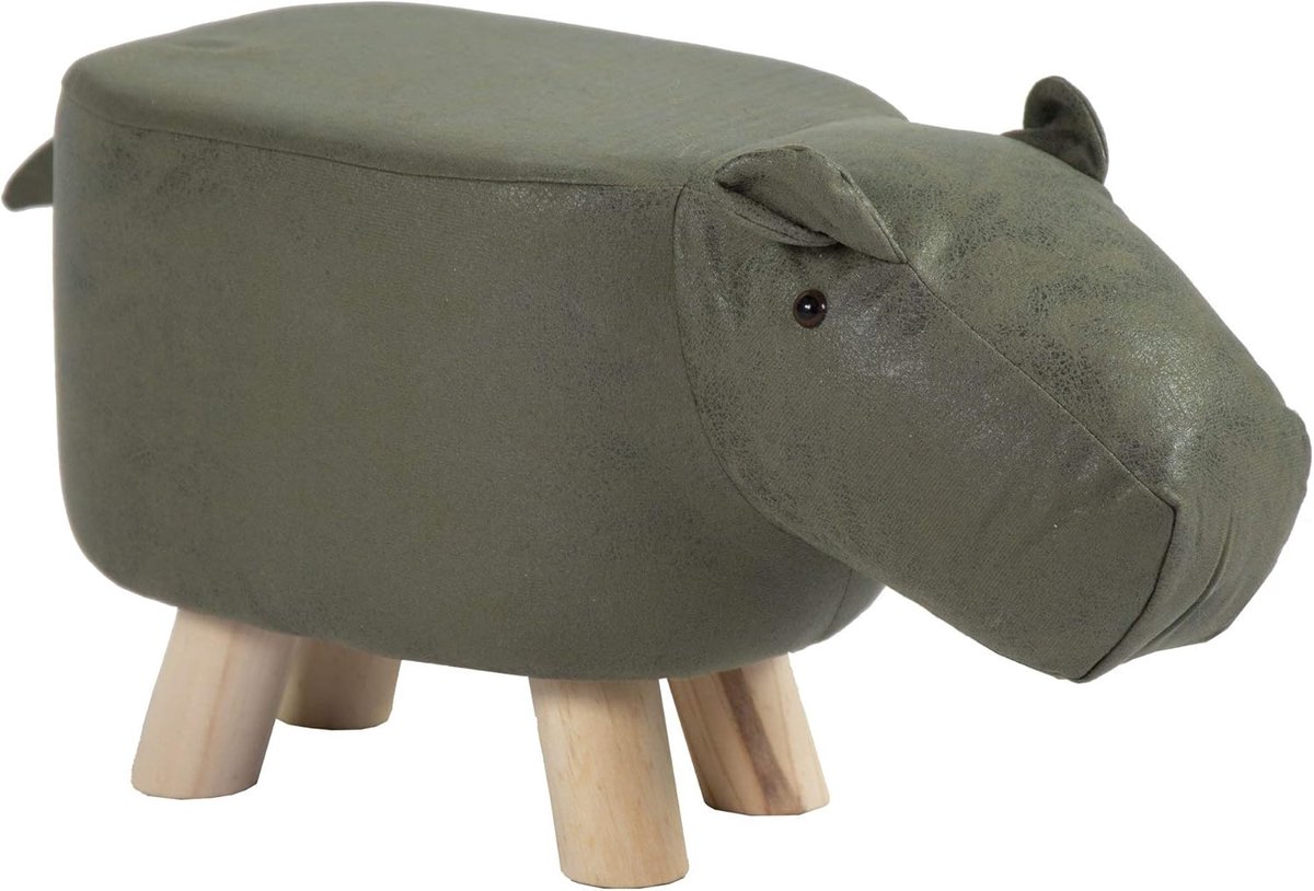 Kinderkruk Dieren - Zitkruk Kind - Kindkamer Decoratie - Robuuste Houten Constructie - 50 x 27 x 28 cm - Groen/Grijs