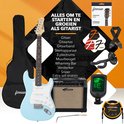 Overzicht van een compleet Finesse gitaarpakket met lichtblauwe elektrische gitaar, versterker, tas, accessoires en videocursus.