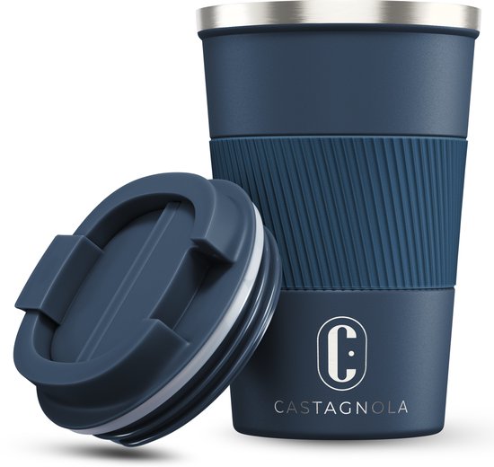 Castagnola Thermos Cup - Coffee Cup To Go - Tasse de voyage pour Café et Thee - Tasse à thé - 380 ML - Acier inoxydable - Blauw