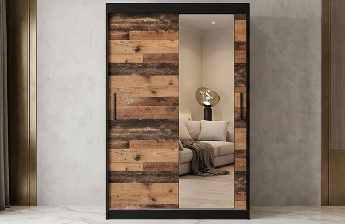 Elegance Schuifdeurkast met Spiegel – Moderne Kledingkast voor Slaapkamer & Woonkamer – 100 cm Breed, Hoogwaardig Samengesteld Hout, Mat Zwart + Old Style Design House&Garden